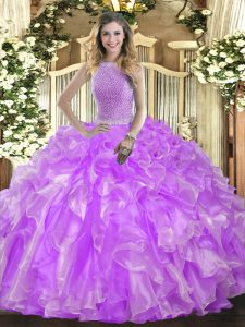 Custom Design Lavender Ball Gowns High-neck Sleeveless Organza Floor Length Lace Up Beading and Ruffles Quinceanera Gown