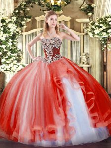 Admirable Floor Length Coral Red Sweet 16 Dresses Strapless Sleeveless Lace Up