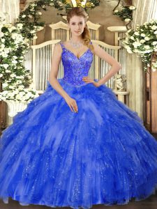 Luxury Royal Blue V-neck Neckline Beading and Ruffles Quince Ball Gowns Sleeveless Lace Up