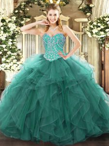 Turquoise Tulle Lace Up Quinceanera Dress Sleeveless Floor Length Beading and Ruffles