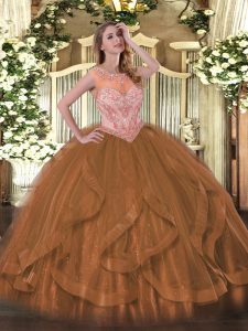 Brown 15th Birthday Dress Sweet 16 and Quinceanera with Beading and Ruffles Scoop Sleeveless Lace Up