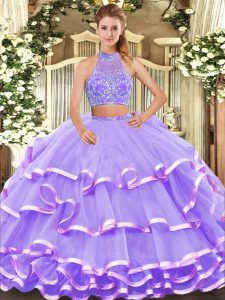 Lavender Criss Cross Quinceanera Gowns Beading and Ruffled Layers Sleeveless Floor Length