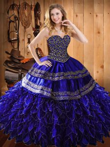 Suitable Sweetheart Sleeveless Organza and Taffeta 15th Birthday Dress Embroidery and Ruffles Lace Up