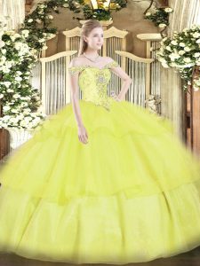 Floor Length Yellow Sweet 16 Dresses Off The Shoulder Sleeveless Lace Up