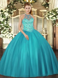 Teal Sleeveless Floor Length Beading Lace Up Quinceanera Dresses
