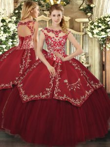 Fancy Floor Length Ball Gowns Cap Sleeves Wine Red Quinceanera Gown Lace Up