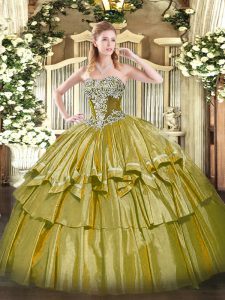 Enchanting Strapless Sleeveless Lace Up Quinceanera Dresses Olive Green Organza and Taffeta
