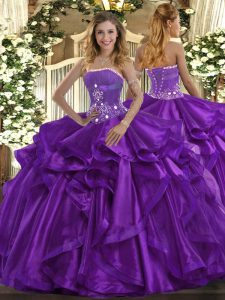 On Sale Purple Ball Gowns Strapless Sleeveless Organza Floor Length Lace Up Beading and Ruffles Ball Gown Prom Dress
