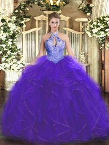 On Sale Organza Sleeveless Floor Length Quince Ball Gowns and Ruffles and Sequins