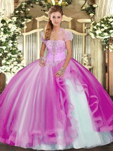 Enchanting Strapless Sleeveless Lace Up Sweet 16 Dresses Fuchsia Tulle