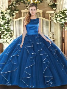Tulle Scoop Sleeveless Lace Up Ruffles Sweet 16 Dress in Blue