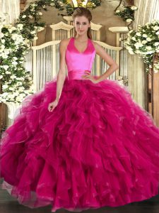 Floor Length Fuchsia Ball Gown Prom Dress Halter Top Sleeveless Lace Up