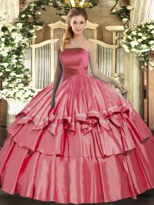 High Class Strapless Sleeveless Quinceanera Gown Floor Length Ruffled Layers Coral Red Organza