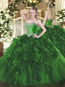 Fabulous Dark Green Organza Lace Up Sweetheart Sleeveless Floor Length 15th Birthday Dress Beading and Ruffles