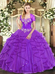 Dynamic Purple Ball Gowns Beading and Ruffles Quinceanera Dresses Lace Up Tulle Sleeveless Floor Length