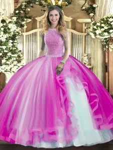 Fuchsia Quinceanera Dress Military Ball and Sweet 16 and Quinceanera with Beading and Ruffles High-neck Sleeveless Lace 