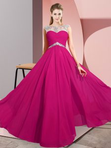 Ideal Floor Length Fuchsia Prom Dresses Chiffon Sleeveless Beading