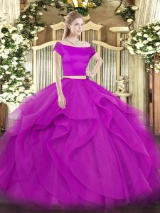 Glamorous Two Pieces Quinceanera Dress Fuchsia Off The Shoulder Tulle Short Sleeves Floor Length Zipper