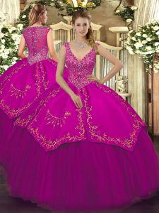Noble Fuchsia Quinceanera Dresses Military Ball and Sweet 16 and Quinceanera with Beading and Embroidery V-neck Sleevele
