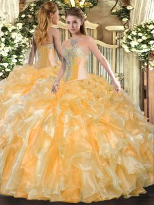 Gold Ball Gowns Beading and Ruffles Ball Gown Prom Dress Lace Up Organza Sleeveless Floor Length