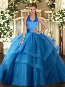 Fantastic Halter Top Sleeveless Sweet 16 Quinceanera Dress Floor Length Ruffled Layers Blue Tulle