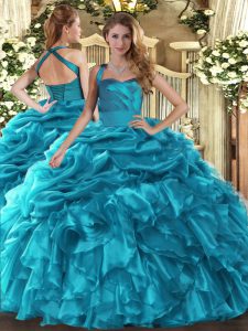 Amazing Sleeveless Floor Length Ruffles and Pick Ups Lace Up Quince Ball Gowns with Teal