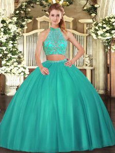 On Sale Sleeveless Tulle Floor Length Criss Cross Quinceanera Dress in Turquoise with Beading