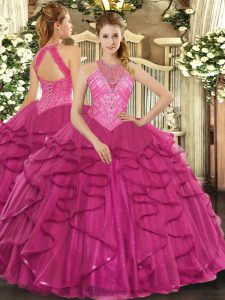 Delicate High-neck Sleeveless Lace Up Quinceanera Dress Hot Pink Tulle