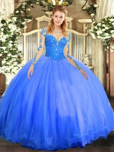 Blue Tulle Lace Up Scoop Long Sleeves Floor Length Sweet 16 Quinceanera Dress Lace