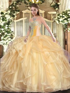 Latest Champagne Organza Lace Up Ball Gown Prom Dress Sleeveless Floor Length Beading and Ruffles