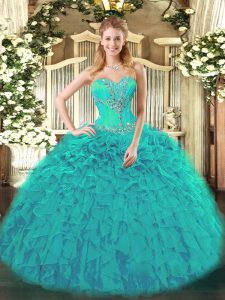 Pretty Beading and Ruffles Sweet 16 Dresses Teal Lace Up Sleeveless