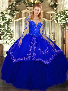Custom Made Long Sleeves Lace Up Floor Length Lace and Embroidery Quince Ball Gowns