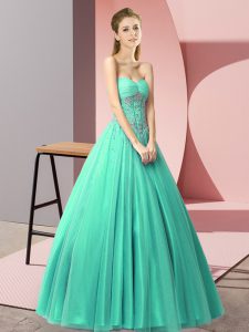 Turquoise A-line Sweetheart Sleeveless Tulle Floor Length Lace Up Beading Evening Dress
