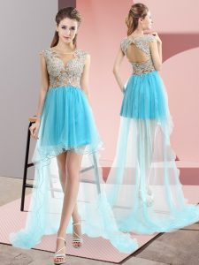Amazing Sleeveless Tulle High Low Sweep Train Lace Up Prom Dresses in Aqua Blue with Beading