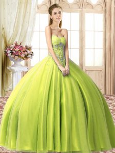Comfortable Sleeveless Floor Length Beading Lace Up 15 Quinceanera Dress with Yellow Green