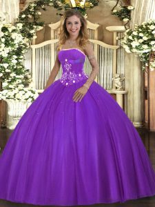 Sleeveless Tulle Floor Length Lace Up Ball Gown Prom Dress in Purple with Beading