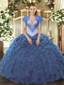 Suitable Navy Blue Organza Lace Up Sweet 16 Dresses Sleeveless Floor Length Beading and Ruffles