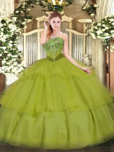 Olive Green Sweet 16 Dress Military Ball and Sweet 16 and Quinceanera with Beading and Ruffled Layers Strapless Sleevele