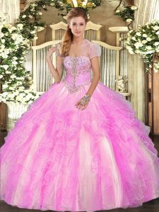 Dramatic Strapless Sleeveless Ball Gown Prom Dress Floor Length Appliques and Ruffles Lilac Tulle