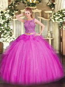 Scoop Sleeveless Lace Up Quinceanera Dresses Fuchsia Tulle