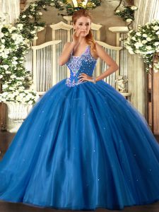 Blue Lace Up Quinceanera Dress Beading Sleeveless Floor Length