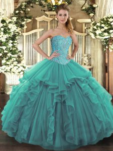 Turquoise Sleeveless Floor Length Beading and Ruffles Lace Up Sweet 16 Dresses