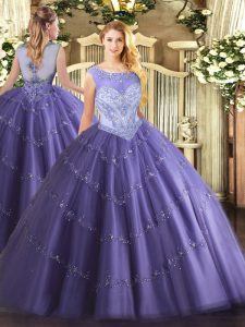 Traditional Tulle Scoop Sleeveless Lace Up Beading Sweet 16 Dress in Lavender