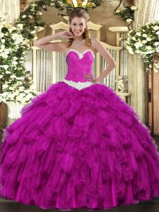 Latest Sleeveless Organza Floor Length Lace Up 15th Birthday Dress in Fuchsia with Appliques and Ruffles