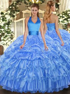 Baby Blue Lace Up Halter Top Ruffled Layers and Pick Ups 15th Birthday Dress Organza Sleeveless