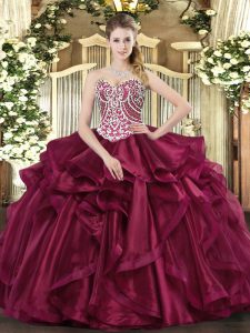 Flare Ball Gowns Sweet 16 Dresses Wine Red Sweetheart Organza Sleeveless Floor Length Lace Up