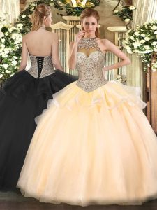 Ball Gowns Quinceanera Dresses Peach Halter Top Tulle Sleeveless Floor Length Lace Up