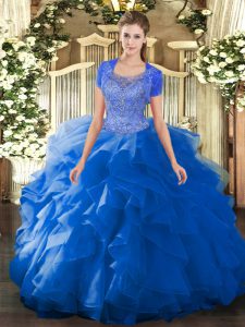 High Class Blue Sleeveless Tulle Clasp Handle 15 Quinceanera Dress for Military Ball and Sweet 16 and Quinceanera