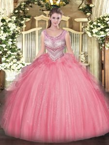 Fashionable Scoop Sleeveless 15th Birthday Dress Floor Length Beading and Ruffles Watermelon Red Tulle