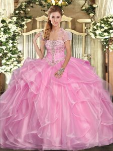 Rose Pink Sweet 16 Quinceanera Dress Military Ball and Sweet 16 and Quinceanera with Appliques and Ruffles Strapless Sle